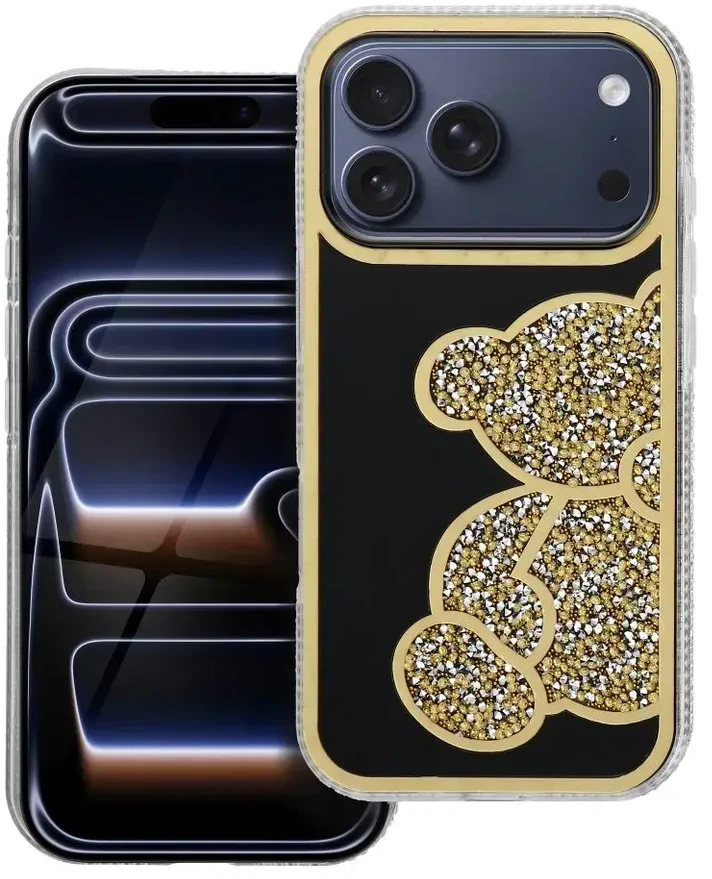 OEM dėklas, skirtas iPhone 17 Pro / 18 Pro (žemas kameros kraštas), meškiukas auksinis