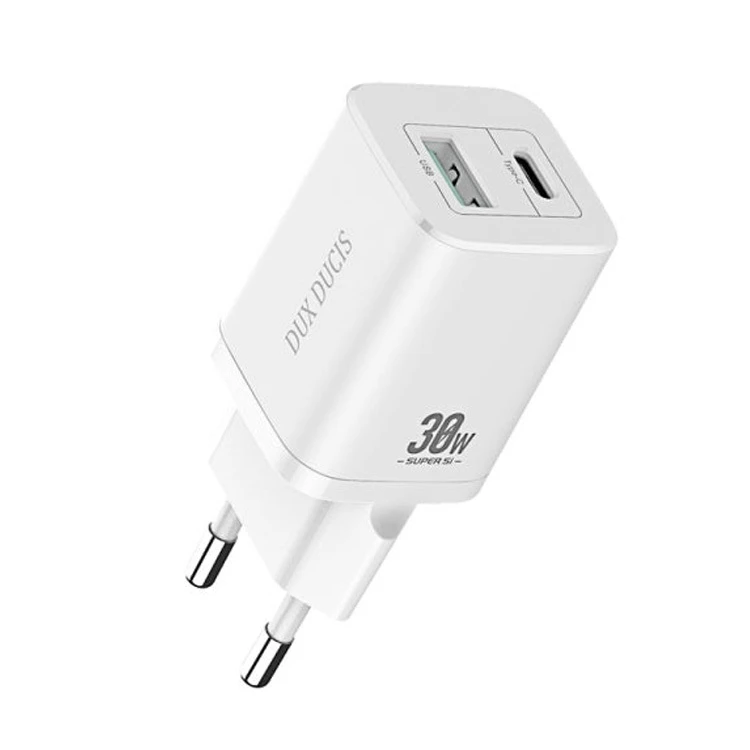 Laidinis įkroviklis Dux Ducis C80 Super Si – USB + Type C – PD 30W QC 3.0 18W 3A baltos spalvos