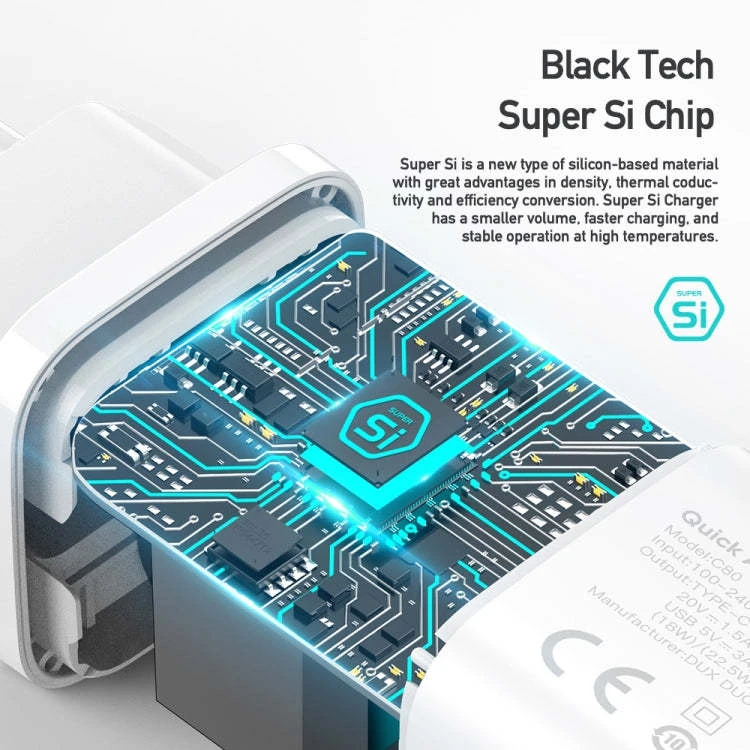 Laidinis įkroviklis Dux Ducis C80 Super Si – USB + Type C – PD 30W QC 3.0 18W 3A baltos spalvos