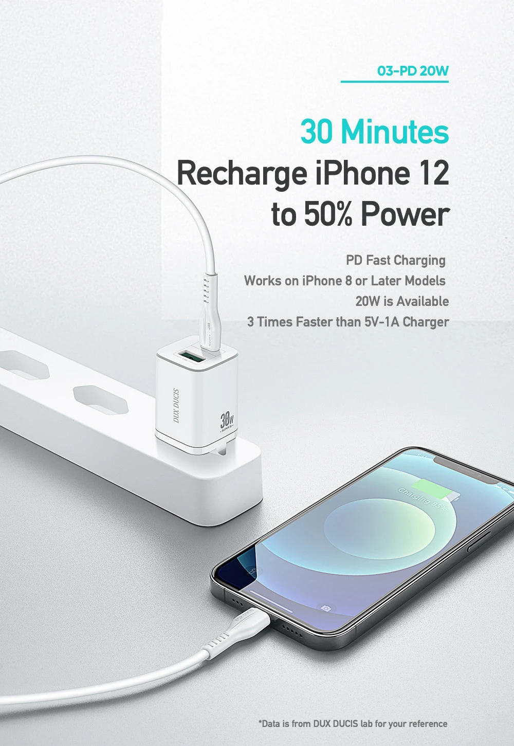 Laidinis įkroviklis Dux Ducis C80 Super Si – USB + Type C – PD 30W QC 3.0 18W 3A baltos spalvos