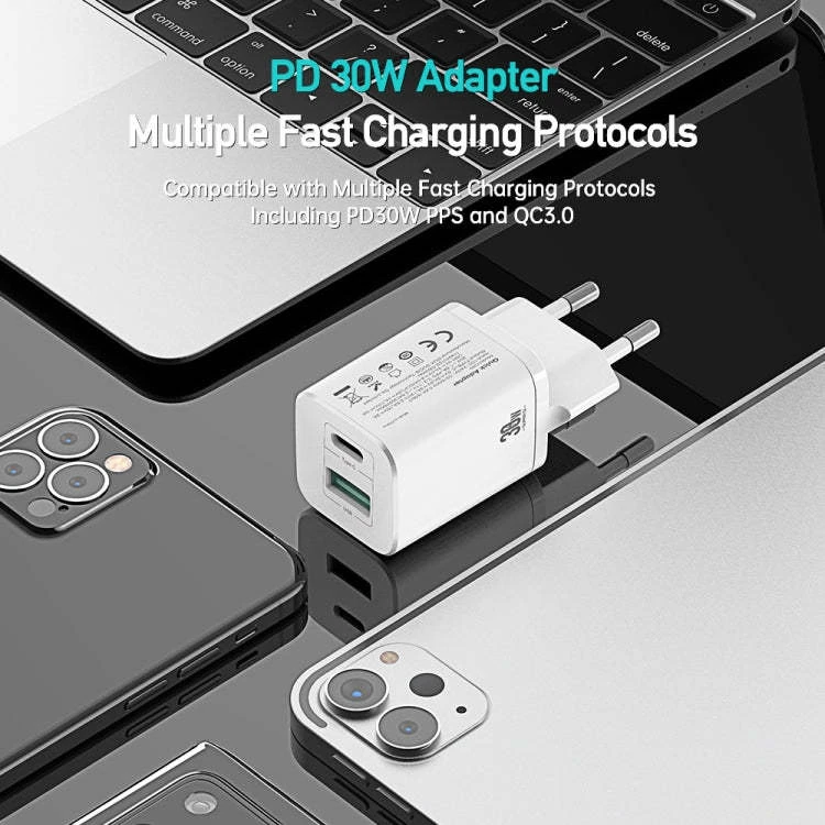 Laidinis įkroviklis Dux Ducis C80 Super Si – USB + Type C – PD 30W QC 3.0 18W 3A baltos spalvos