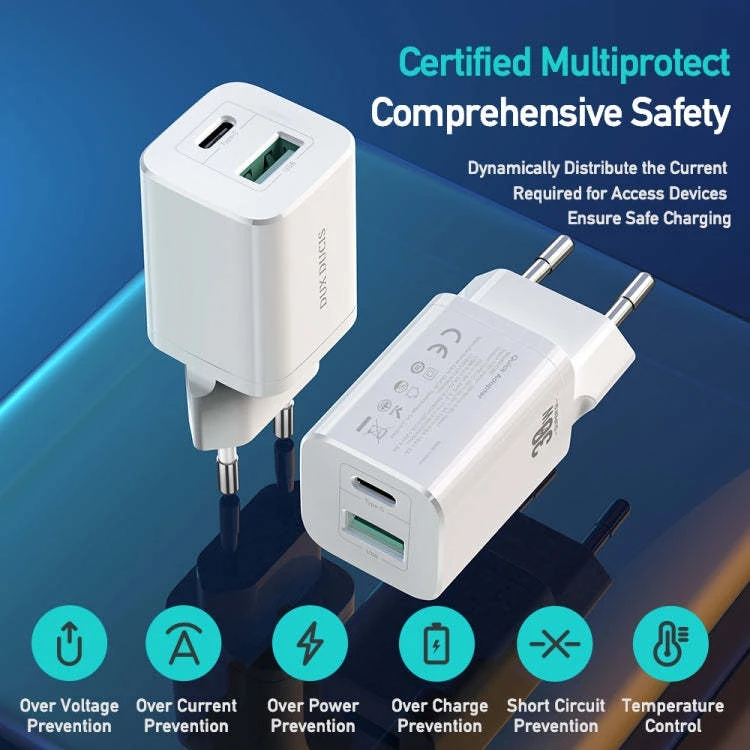 Laidinis įkroviklis Dux Ducis C80 Super Si – USB + Type C – PD 30W QC 3.0 18W 3A baltos spalvos