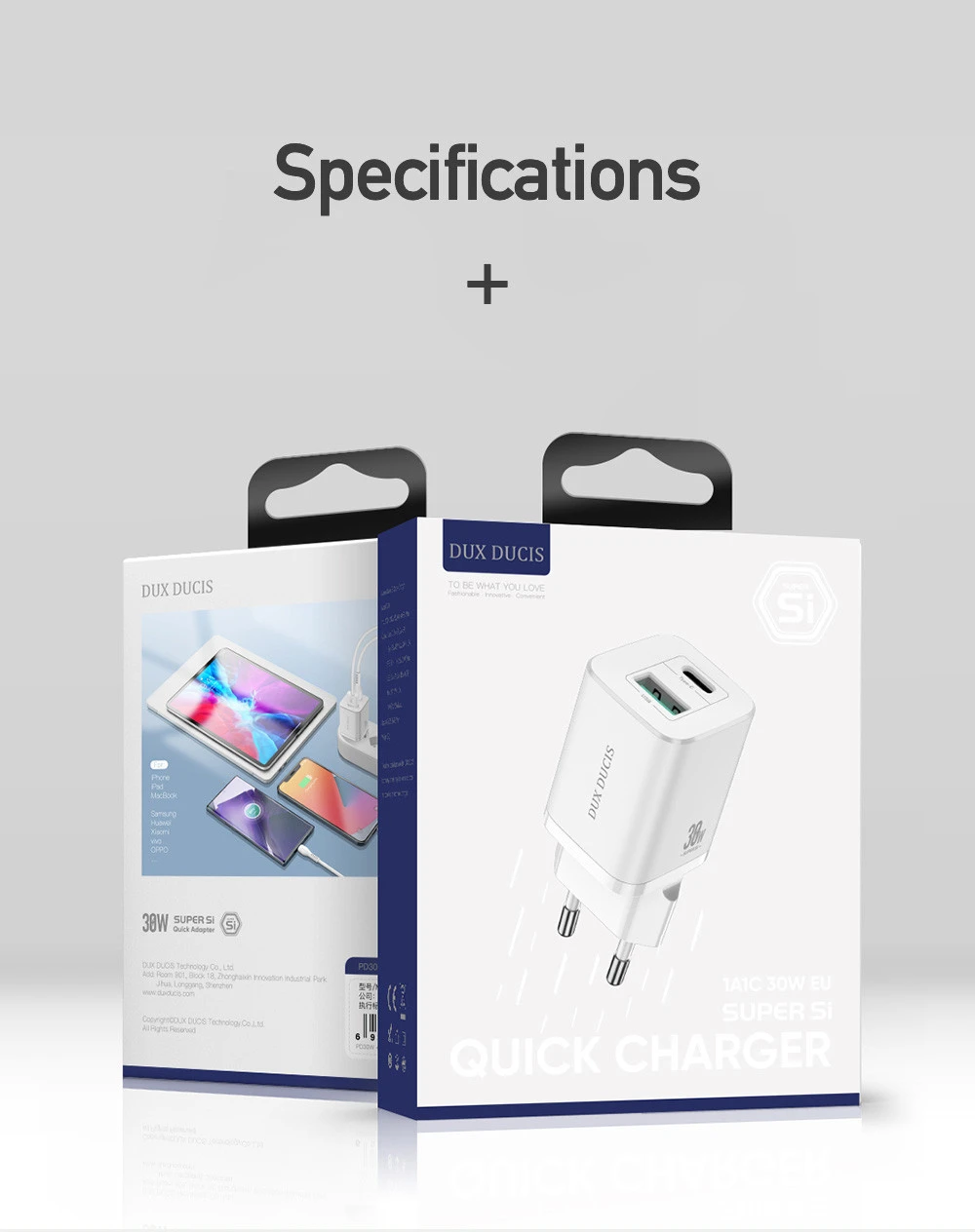 Laidinis įkroviklis Dux Ducis C80 Super Si – USB + Type C – PD 30W QC 3.0 18W 3A baltos spalvos