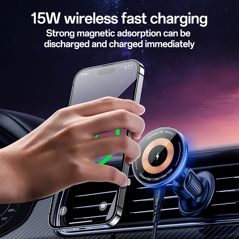 Yesido automobilio laikiklis magnetinis C308 indukcinis 15W ventiliacijos angai juodas