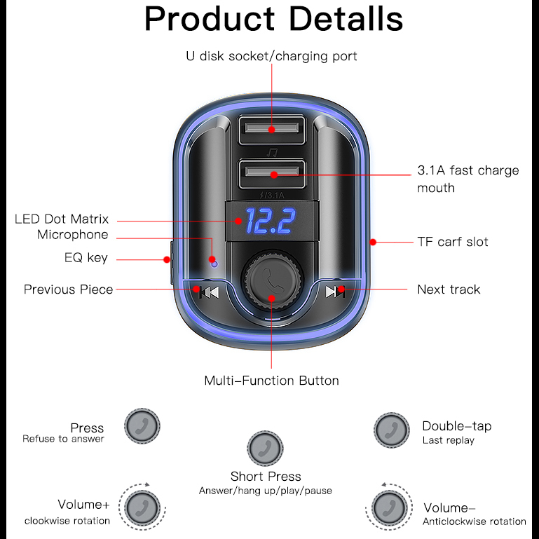 FM Moduliatorius Yesido Y44 2 x USB Micro SD 3,1A