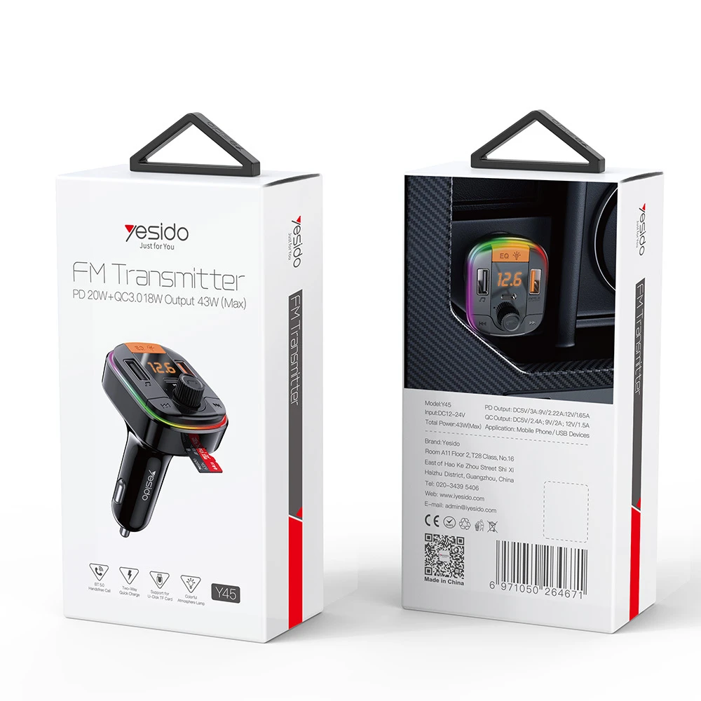 „Yesido“ FM siųstuvas Y45 MP3, „Bluetooth“ - 2xUSB + C tipo + „Micro SD“ - QC 18W PD 20W juodas