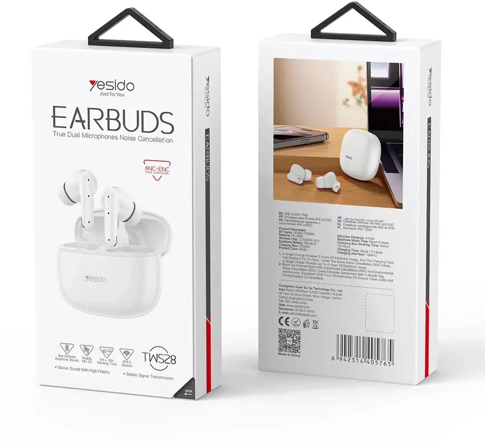 „Yesido TWS Bluetooth“ ausinės TWS28 ANC+ENC baltos