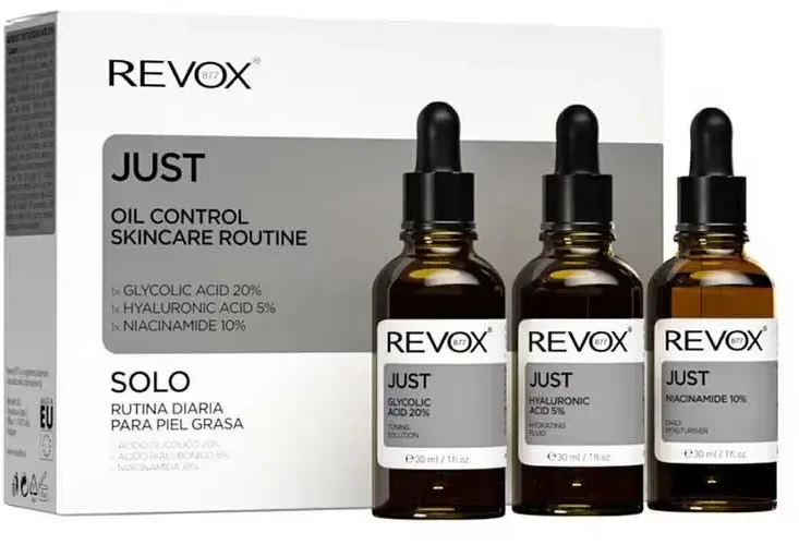 „Revox B77“ odos priežiūros rinkinys, kontroliuojantis riebalų išsiskyrimą: drėkinamasis veido serumas su 10 % niacinamido, 30 ml + drėkinamasis skystis su 5 % hialurono rūgšties, 30 ml + tonizuojantis serumas veidui su 20 % glikolio rūgšties, 30 ml