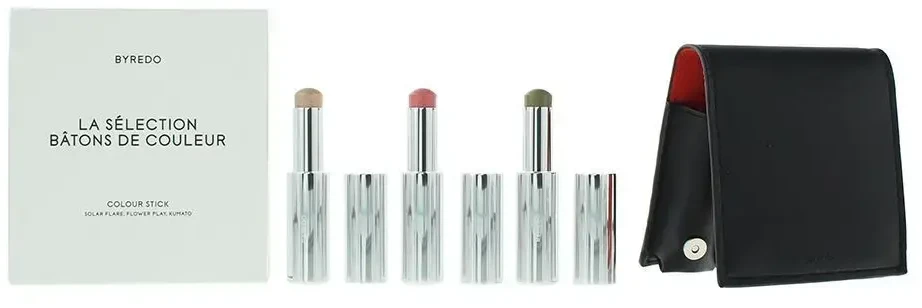 Oranžinis Byredo rinkinys: Colour Stick daugiafunkcis akių šešėlių pieštukas 509 Solar Flare 3,5 g + Colour Stick daugiafunkcis akių šešėlių pieštukas 509 Kumato Face 3,5 g + Colour Stick daugiafunkcis akių šešėlių pieštukas 509 Flower Play 3,5 g + Byredo GWP odinė rankinė