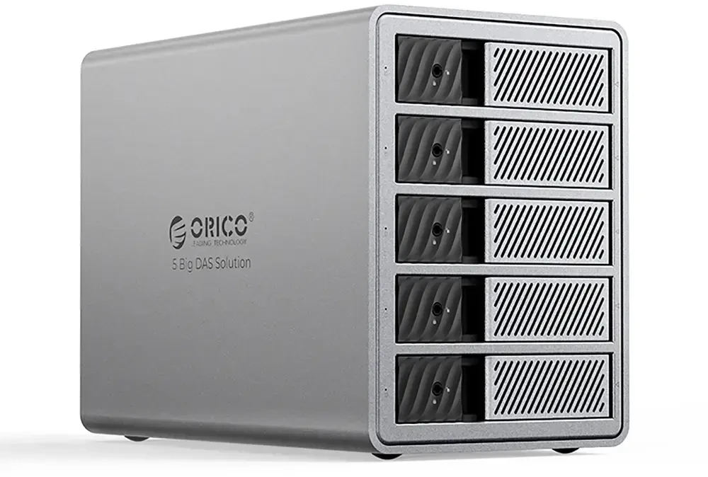 „Orico 9858T3 5 Big DAS Solution ProThunder“ diskų masyvas su „Thunderbolt 3“, skirtas 5 x 2,5 colio / 3,5 colio SATA HDD / SSD – pilkas
