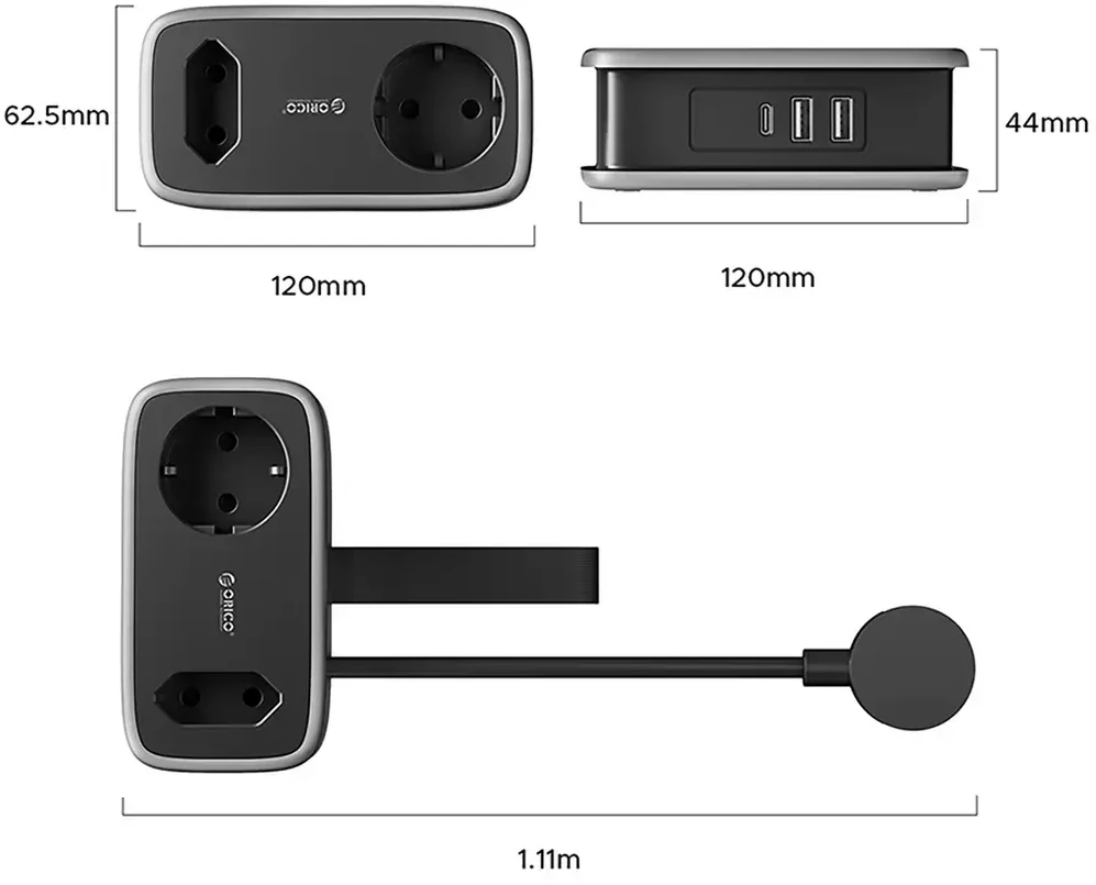 Orico APP 15.5W 5in1 maitinimo blokas 2x AC + 2x USB-A + 1x USB-C - Juodas