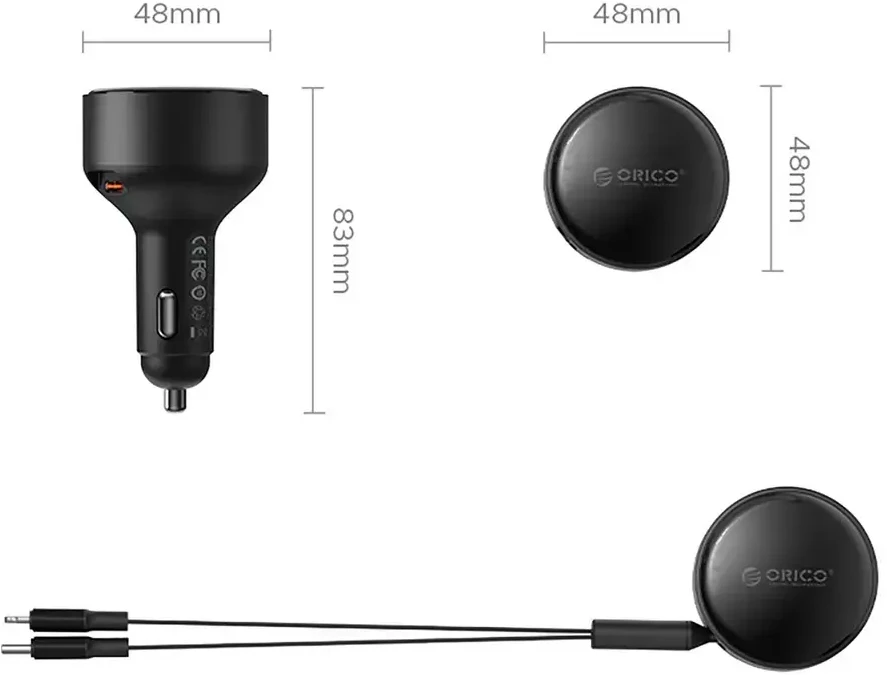 „Orico“ dvigubo tempimo 60 W USB-C automobilinis įkroviklis su dviem ištraukiamais USB-C + „Lightning“ laidais - Juodas