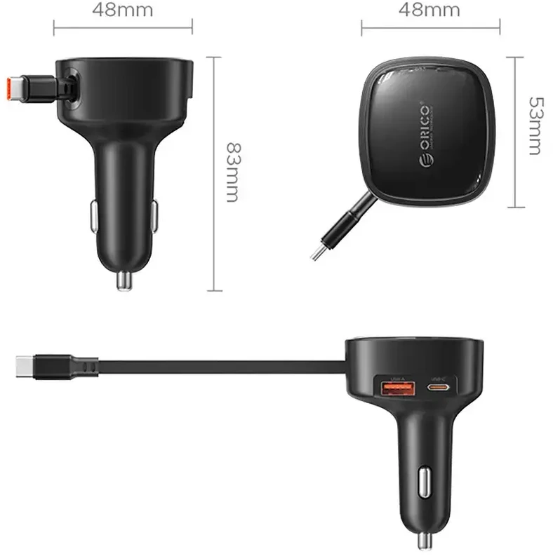 Orico FC-66-1A2C 66W automobilinis įkroviklis su integruotu ištraukiamu USB-C laidu - Juodas
