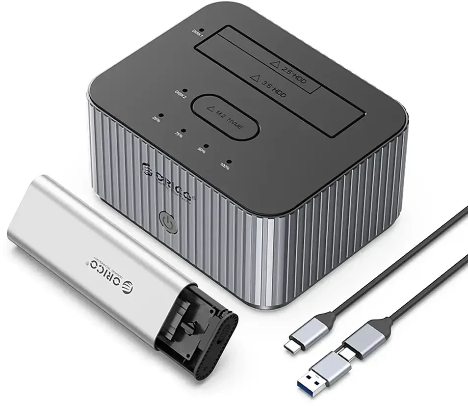 „Orico IT28E-C“ 2 diskų prijungimo stotelė su M.2 NVME 2,5 colio / 3,5 colio HDD / 2,5 colio SSD klonavimo funkcija – pilkos spalvos