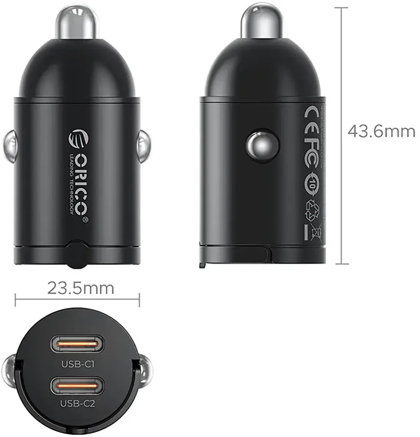 Orico MiniRing 30W 2x USB-C automobilio įkroviklis - Juodas