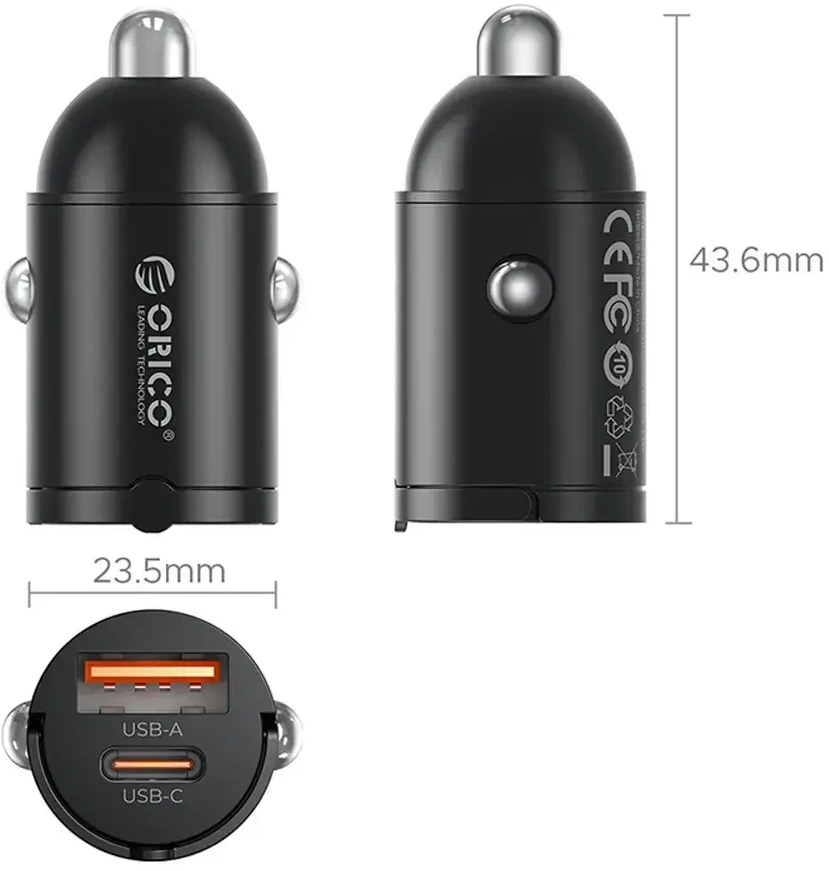 Orico MiniRing 30W USB-A + USB-C automobilinis įkroviklis - Juodas