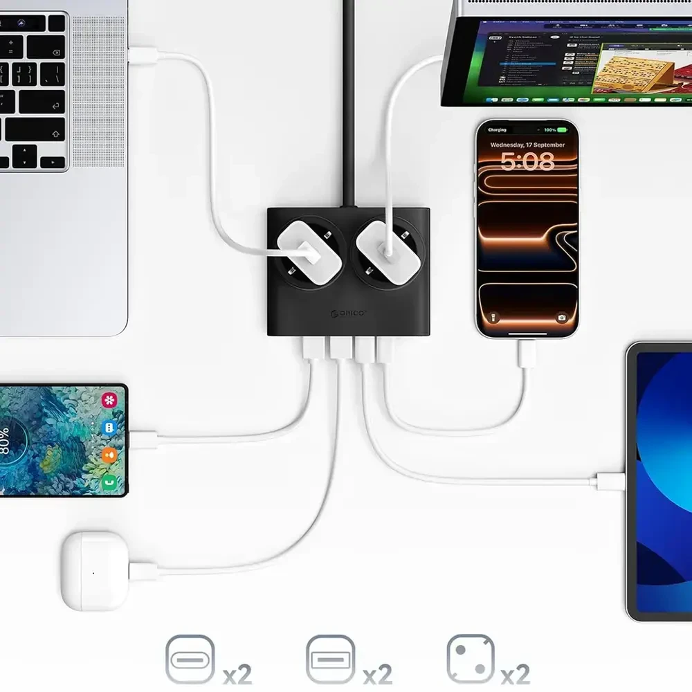 Orico PDC25 25W 6in1 maitinimo blokas 2x AC + 2x USB-A + 2x USB-C - Juodas
