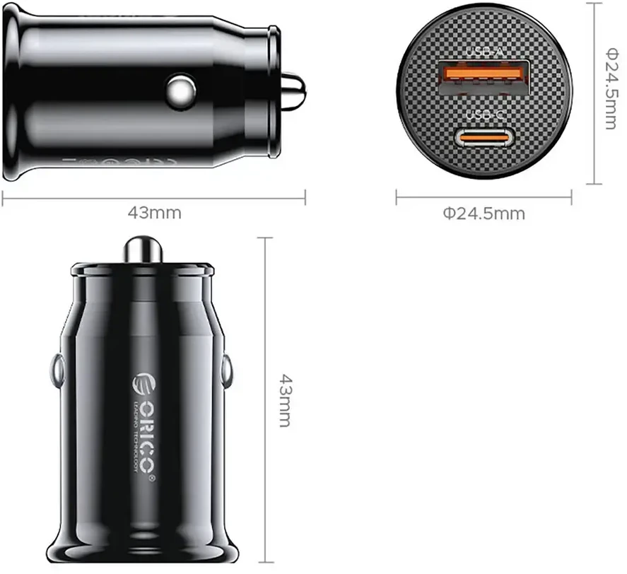 Orico PowerMini 30W USB-C + USB-A automobilinis įkroviklis - Juodas