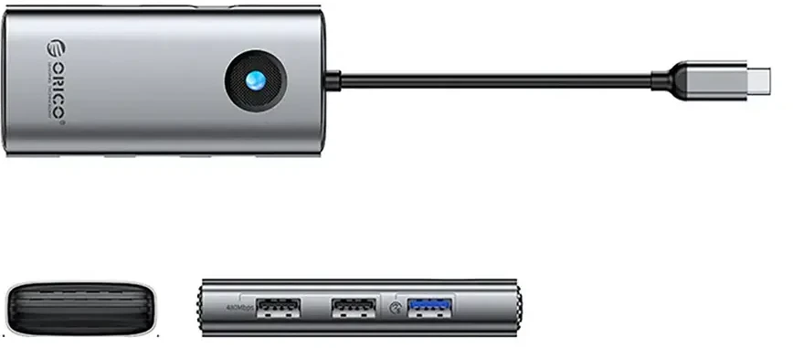 Orico PW11-5P USB-C šakotuvo prijungimo stotis 1x USB-A 3.0 + 2x USB-A 2.0 + 1x USB-C PD + 1x HDMI - pilka