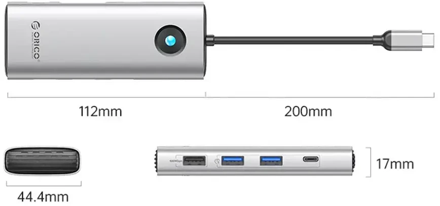 Orico USB-C 8w1 | 2x USB-A 3.0 | 1x USB-A 2.0 | 1x USB-C 3.0 | 1x USB-C PD 100W | 1x HDMI 4K 60Hz | 1x VGA 1080P 60Hz | 1x RJ45 Gigabit Ethernet - sidabrinė