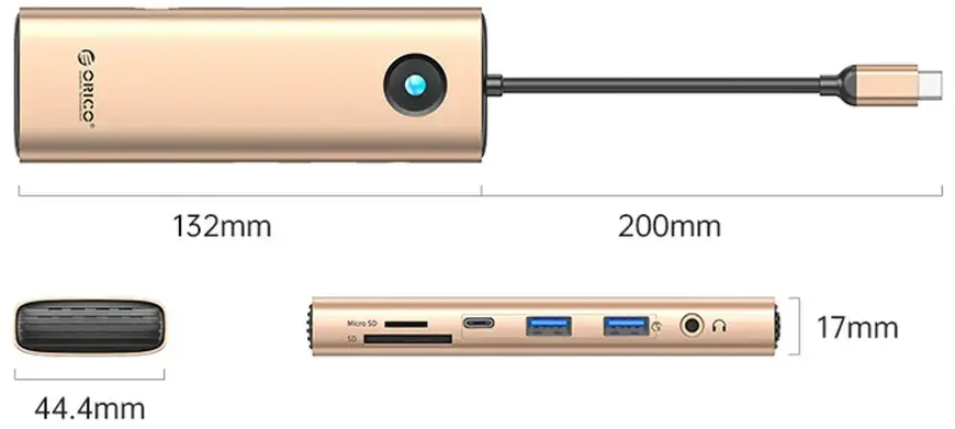 Orico USB-C 9w1 | 2x USB-A 3.0 | 1x USB-C 3.0 | 1x USB-C PD 100W | 1x HDMI 4K 60Hz | 1x Micro SD/SD | 1x RJ45 2.5G Ethernet | 1x Audio 3,5 mm - rožinė-auksinė