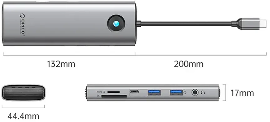 „Orico“ USB-C 9w1 | 2x USB-A 3.0 | 1x USB-C 3.0 | 1x USB-C PD 100W | 1x HDMI 4K 60Hz | 1x „Micro SD/SD“ | 1x RJ45 2.5G Ethernet | 1x Audio 3,5 mm - pilka