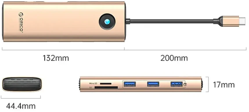 Orico USB-C 9w1 | 3x USB-A 3.0 | 1x USB-C PD 100W | 1x HDMI 4K 60Hz | 1x VGA 1080P 60Hz | 1x Micro SD/SD | 1x RJ45 Gigabit Ethernet - rožinė-auksinė