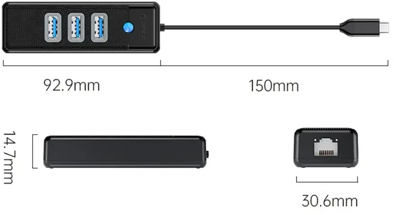 Orico PW3UR25-C3 USB šakotuvas 4 prievadų 3x USB-A 3.0 1x RJ45 2.5G Ethernet 0.15m - Juodas