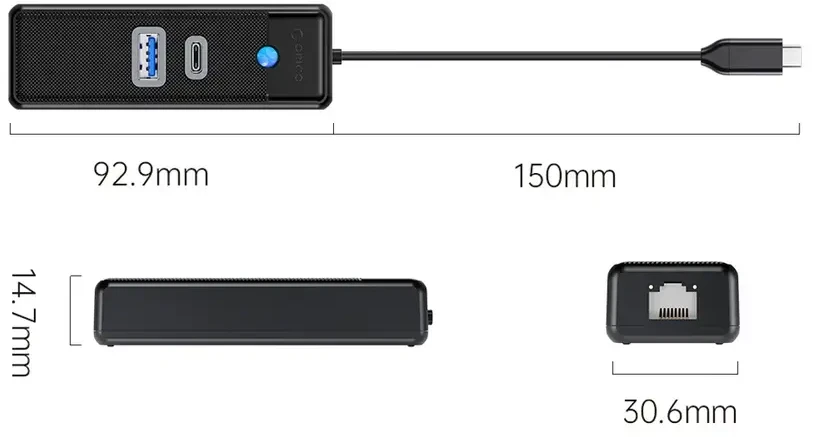 Orico PWCUR-C3 3 prievadų USB šakotuvas 1x USB-A 3.0 1x USB-C 3.0 1x RJ45 Gigabit Ethernet 0.15 m - juodas