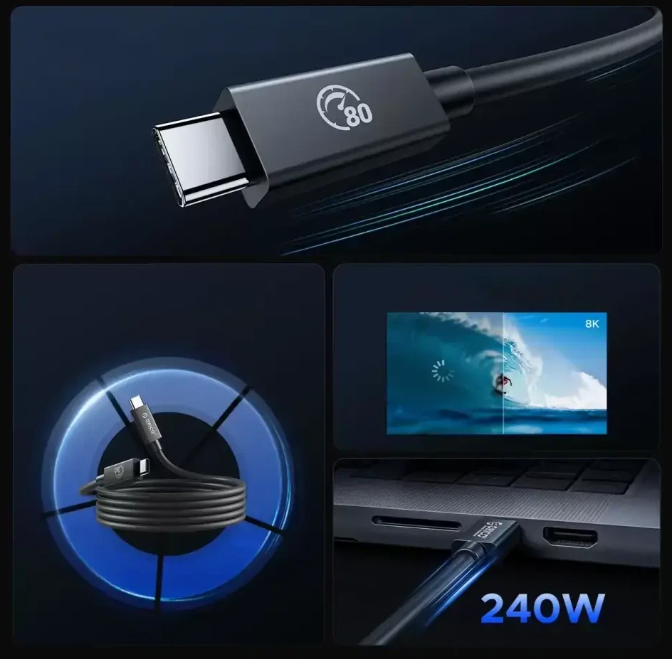 Orico TBZ5 duomenų perdavimo ir įkrovimo kabelis | USB-C į USB-C | 240W | Thunderbolt 5 | 1 m | juodas