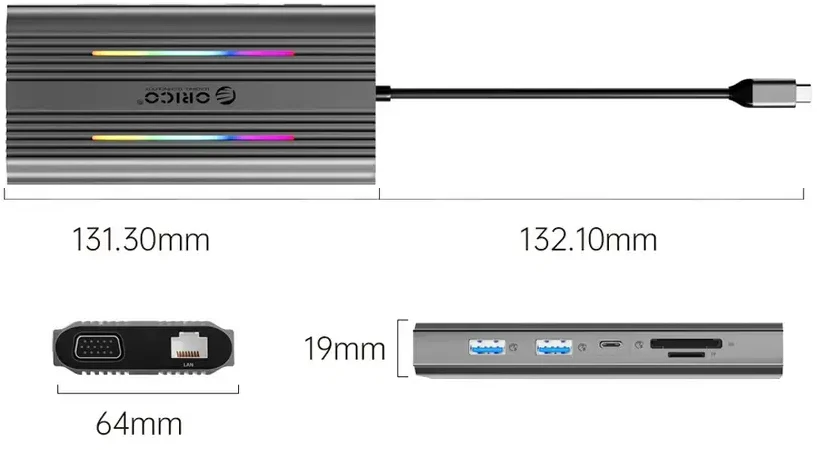 „Orico“ USB-C 12w1 RGB | 3x USB-A | USB-C PD 100W | HDMI 4K | VGA | RJ45 Gigabit - pilka