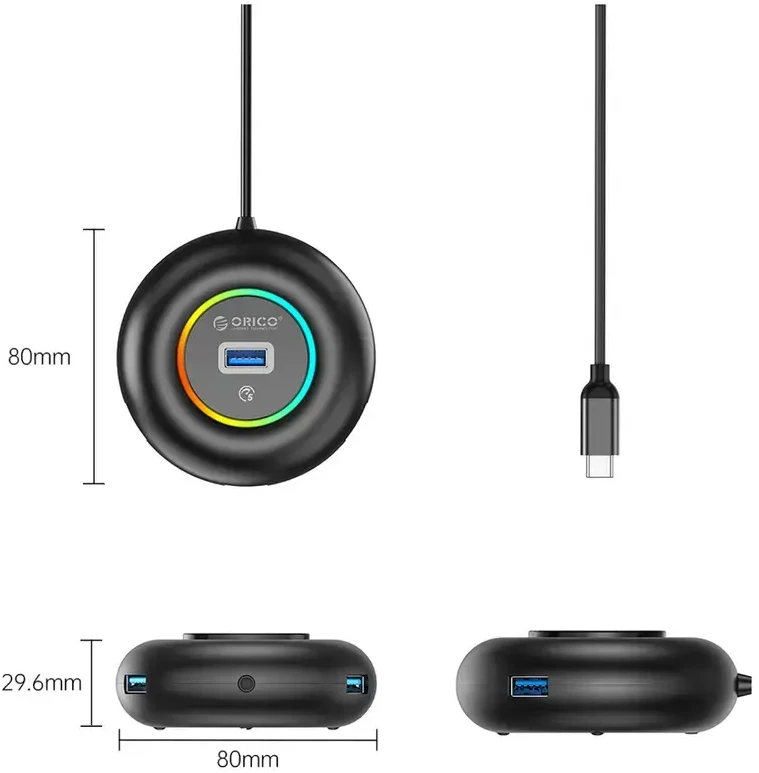 Orico YXR4-C3 RGB USB šakotuvas 4 prievadų USB-A 3.0 su garso/mikrofono prievadu 0,3 m - Juodas