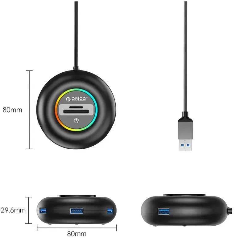 Orico YXR4 RGB USB šakotuvas su 4 prievadų USB-A 3.0 su SD ir Micro SD kortelių skaitytuvu, 1,8 m - Juodas