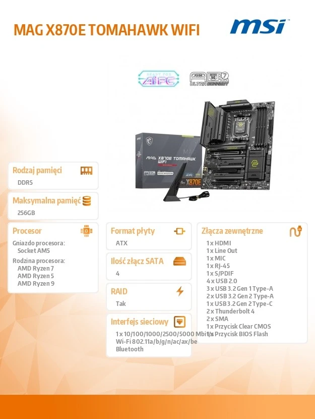 Pagrindinė plokštė MSI MAG X870E TOMAHAWK WIFI
