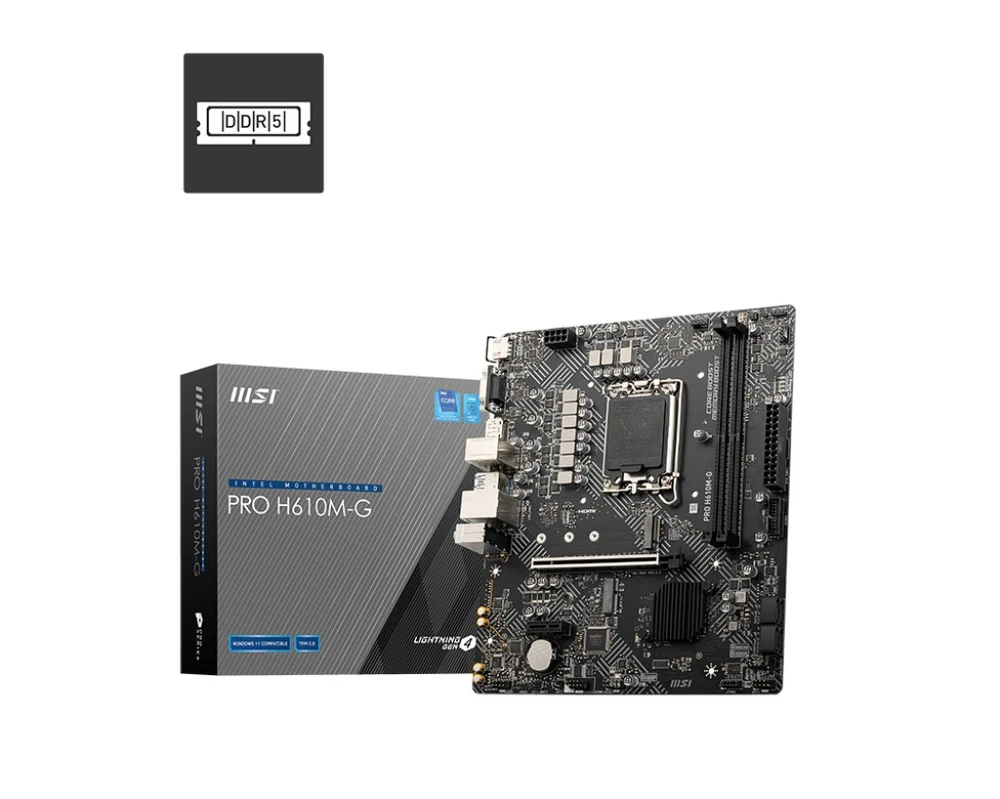 Pagrindinė plokštė MSI | PRO H610M-G | Procesorių šeima Intel | Procesoriaus lizdas LGA1700 | DDR5 | Palaikomos standžiojo disko sąsajos SATA, M.2 | SATA jungčių skaičius 4