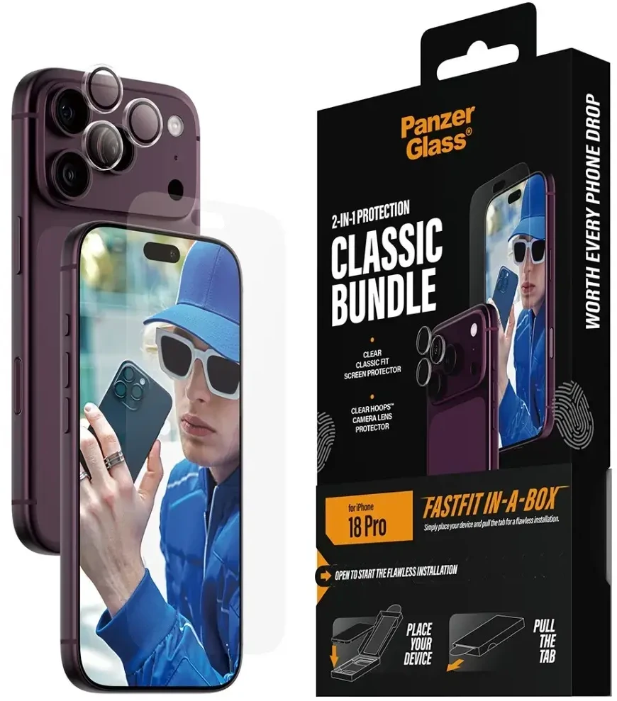 Panzer Glass Rinkinys PanzerGlass Classic 2w1 su Fastfit in-a-box stiklu + objektyvu, skirtas iPhone Pro