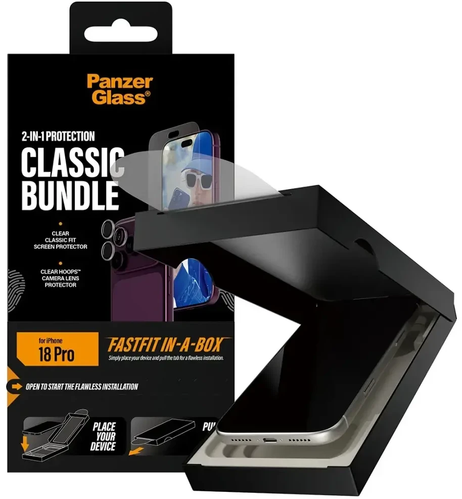 Panzer Glass Rinkinys PanzerGlass Classic 2w1 su Fastfit in-a-box stiklu + objektyvu, skirtas iPhone Pro