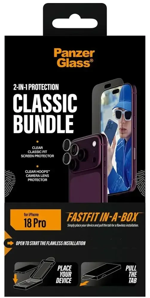 Panzer Glass Rinkinys PanzerGlass Classic 2w1 su Fastfit in-a-box stiklu + objektyvu, skirtas iPhone Pro