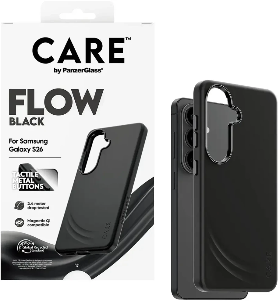 Panzer Glass „CARE by PanzerGlass Flow“ juodas QI dėklas, skirtas „Samsung Galaxy S26“ – juodas