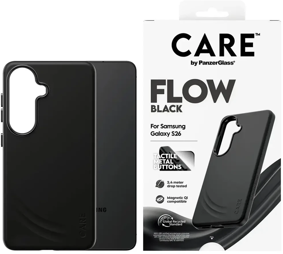 Panzer Glass „CARE by PanzerGlass Flow“ juodas QI dėklas, skirtas „Samsung Galaxy S26“ – juodas