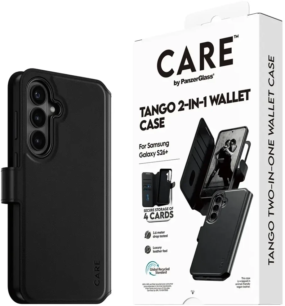 Panzer Glass „CARE by PanzerGlass Tango 2in1“ piniginės dėklas, skirtas „Samsung Galaxy S26+“ – juodas