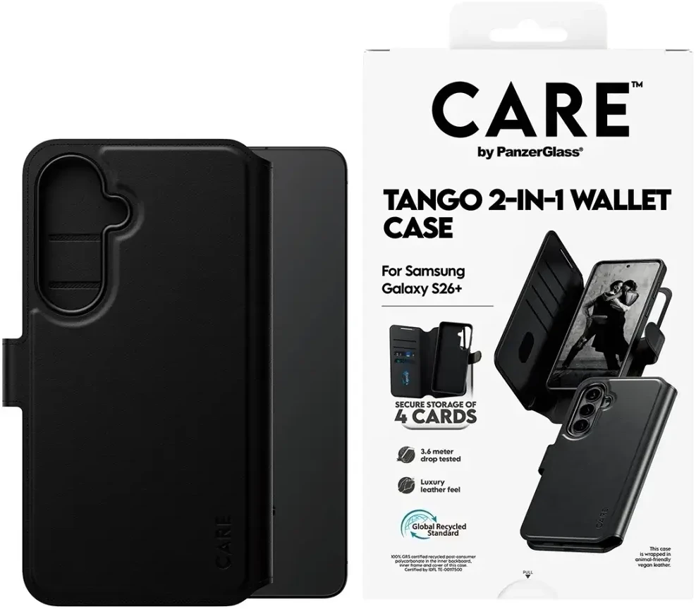 Panzer Glass „CARE by PanzerGlass Tango 2in1“ piniginės dėklas, skirtas „Samsung Galaxy S26+“ – juodas