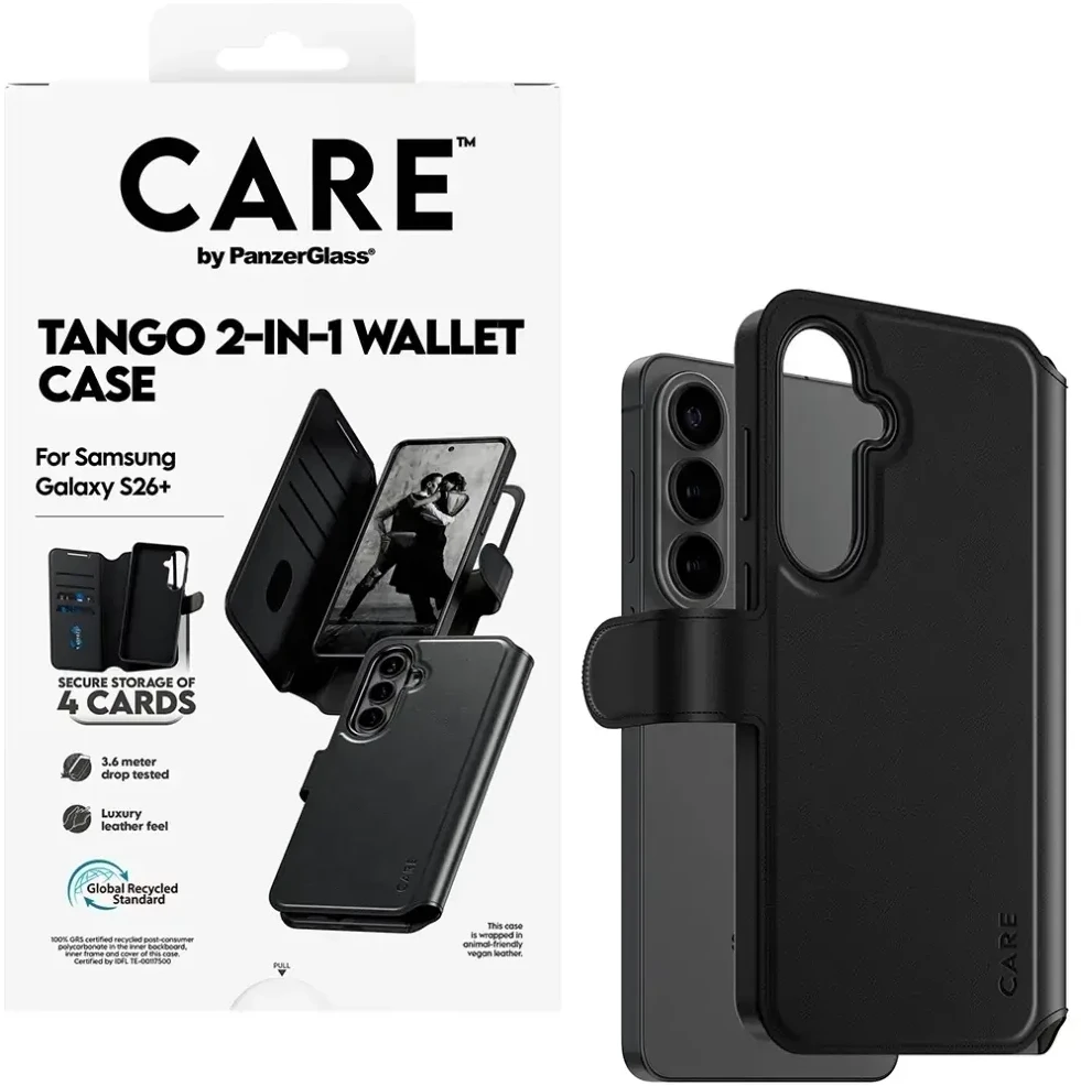 Panzer Glass „CARE by PanzerGlass Tango 2in1“ piniginės dėklas, skirtas „Samsung Galaxy S26+“ – juodas