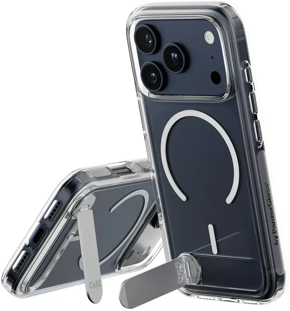 Panzer Glass „CARE by PanzerGlass“ apsauginis dėklas su atramėle „MagSafe“, skirtas „iPhone 17 Pro“ – skaidrus
