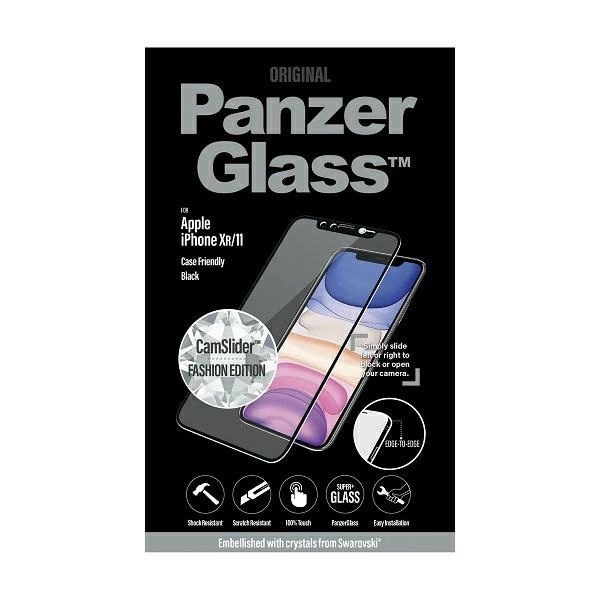 Panzer Glass PanzerGlass E2E Super+ grūdintas stiklas su fotoaparato dangteliu su Swarovski kristalu, skirtas iPhone XR / 11 - su juodu rėmeliu