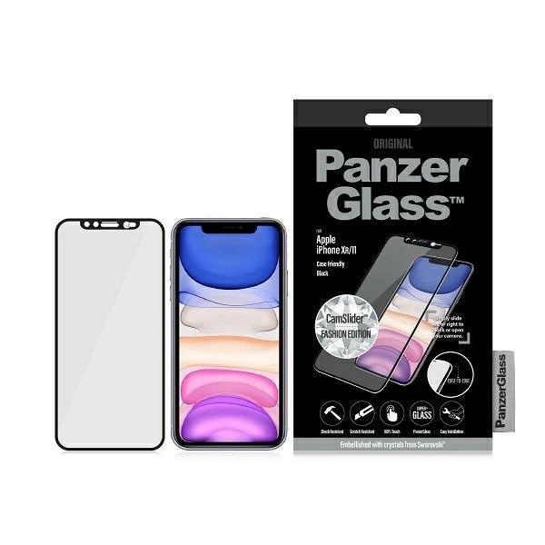 Panzer Glass PanzerGlass E2E Super+ grūdintas stiklas su fotoaparato dangteliu su Swarovski kristalu, skirtas iPhone XR / 11 - su juodu rėmeliu