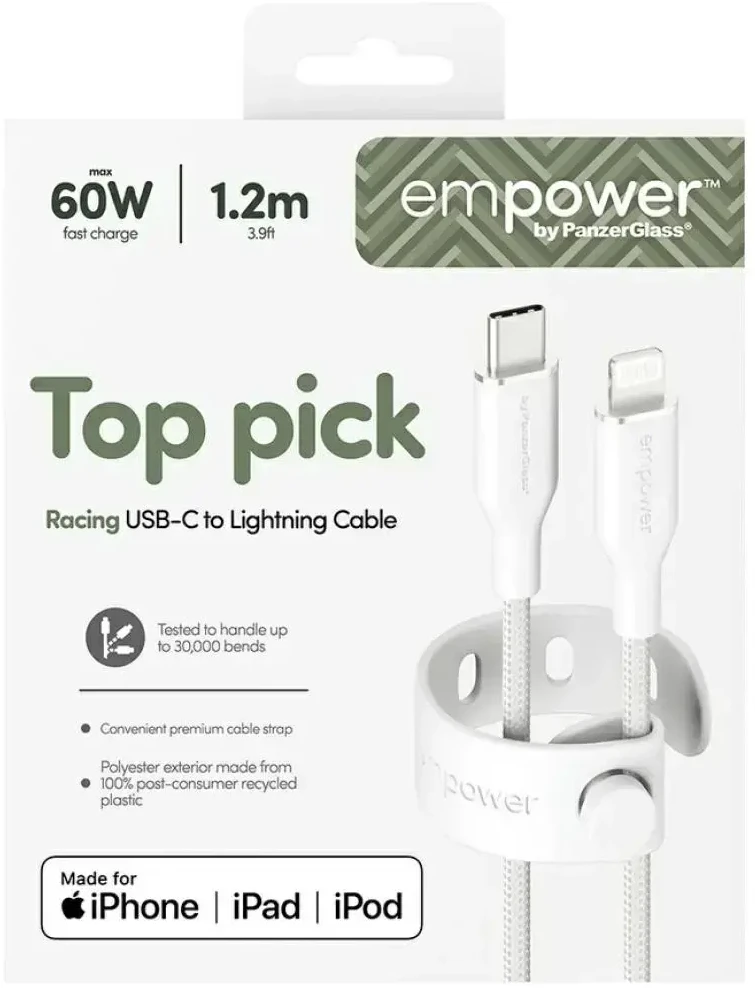 Panzer Glass PanzerGlass Racing duomenų perdavimo ir įkrovimo kabelis | USB-C į Lightning | 60 W | 1,2 m | sidabrinis, baltas
