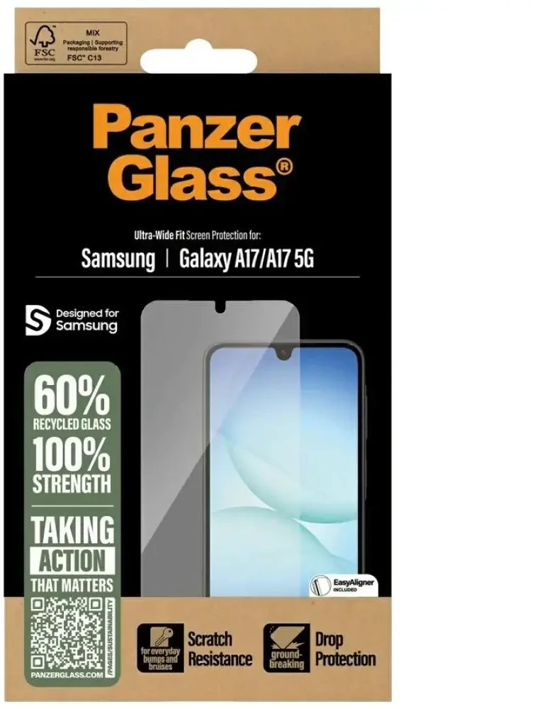 Panzer Glass „PanzerGlass“ itin plataus diagonalo grūdintas stiklas „EasyAligner“, skirtas „Samsung Galaxy A17 / A17 5G“.