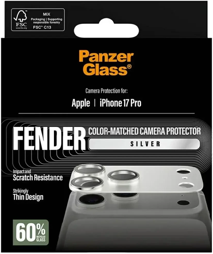 Panzer Glass Grūdintas stiklas fotoaparato objektyvui PanzerGlass Fender Camera Protector, skirtas iPhone 17 Pro, sidabrinis