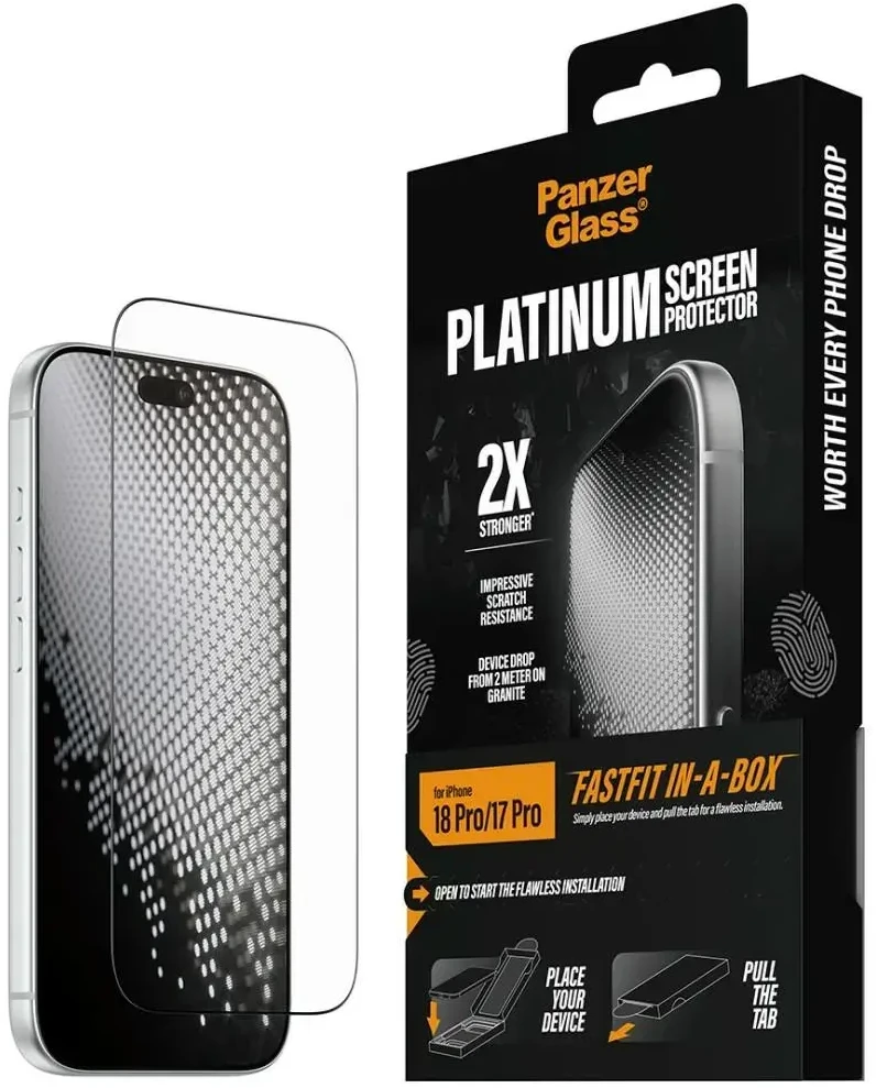 Panzer Glass Tempered GlassPanzerGlass Platinum Screen Protector w. Fastfit in-a-box do iPhone 18 Pro / 17 Pro